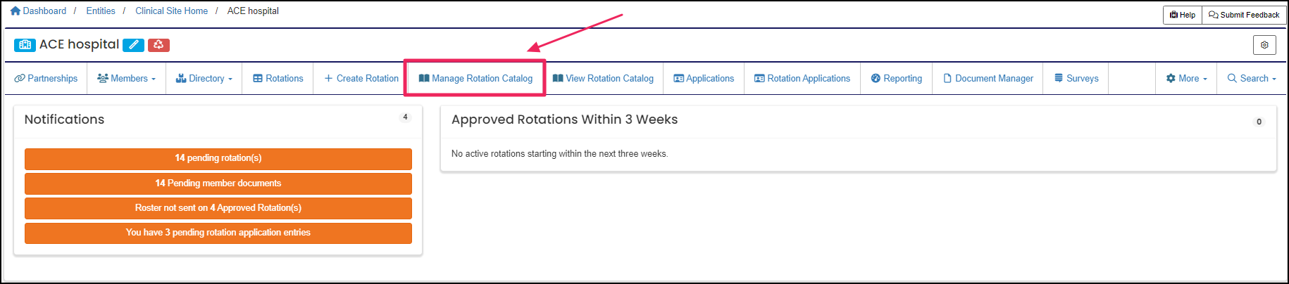 Manage rotation catalog button on clinical site home page.