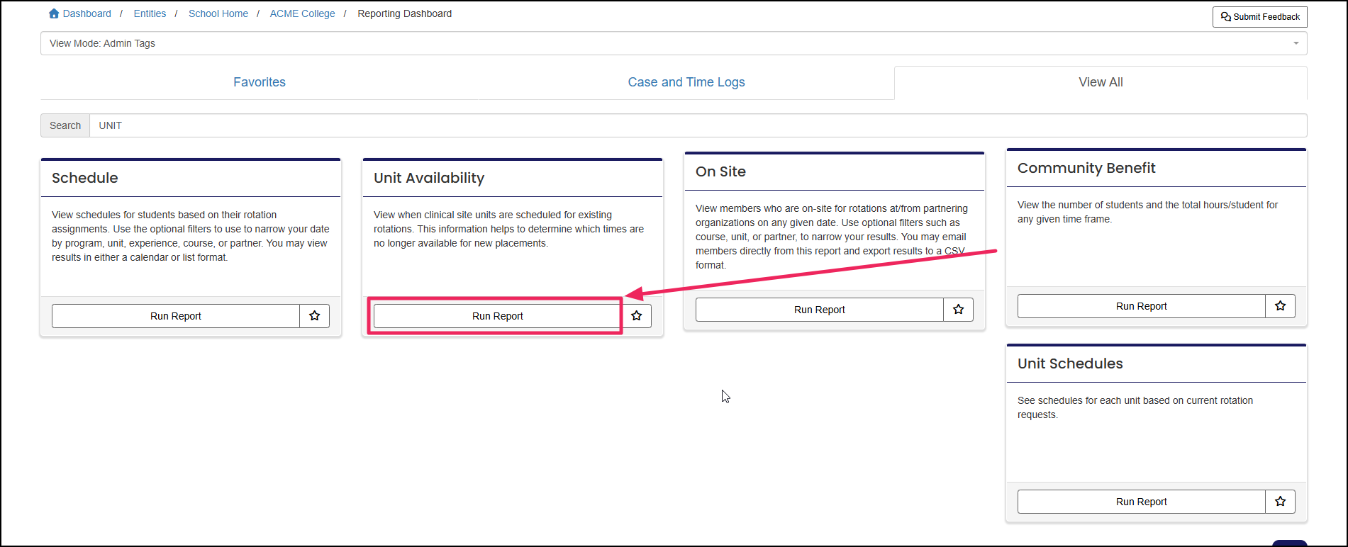 Reporting dashboarding pointing to Run Report button on Unit Availability tile.