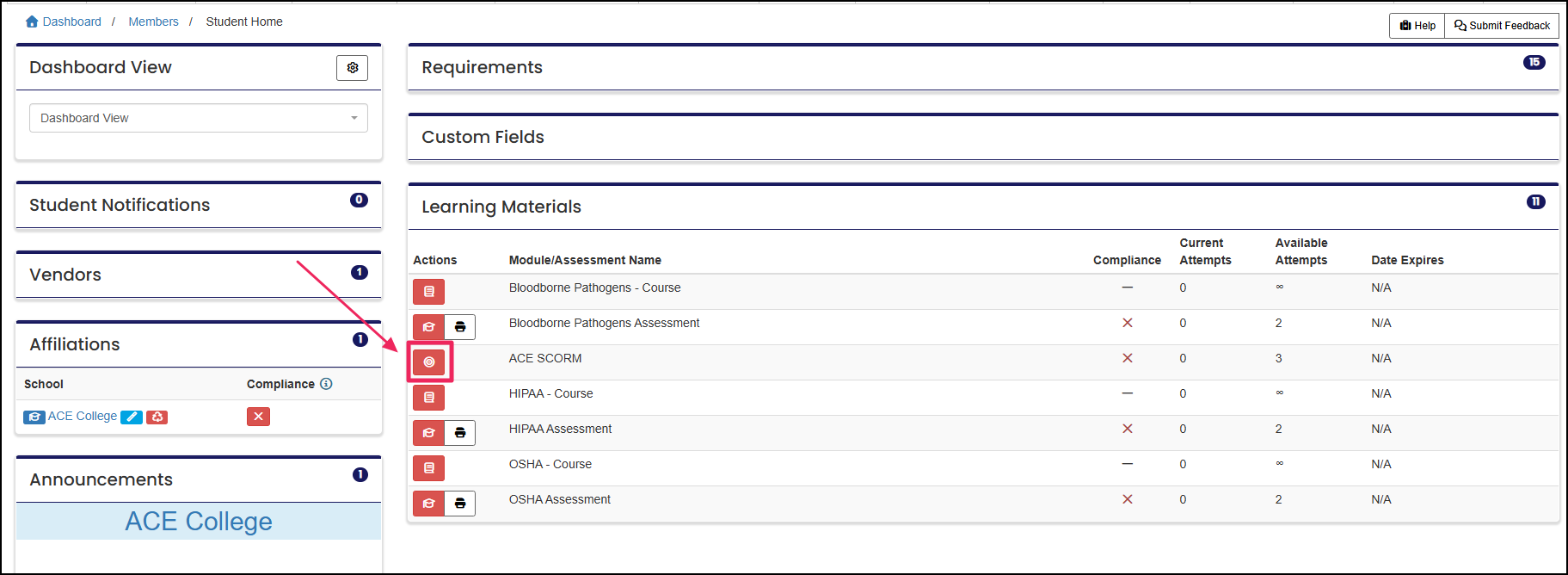 Member home page highlighting Learning materials pointing to Take SCORM Course icon.