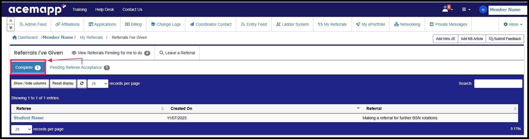 My Referral Page showing pending and completed referral areas