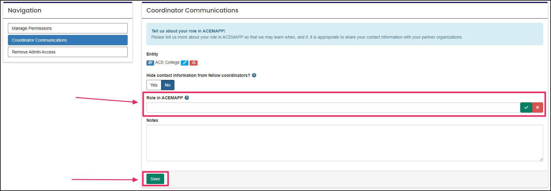 Image shows coordinator communications area highlighting role field and save button.