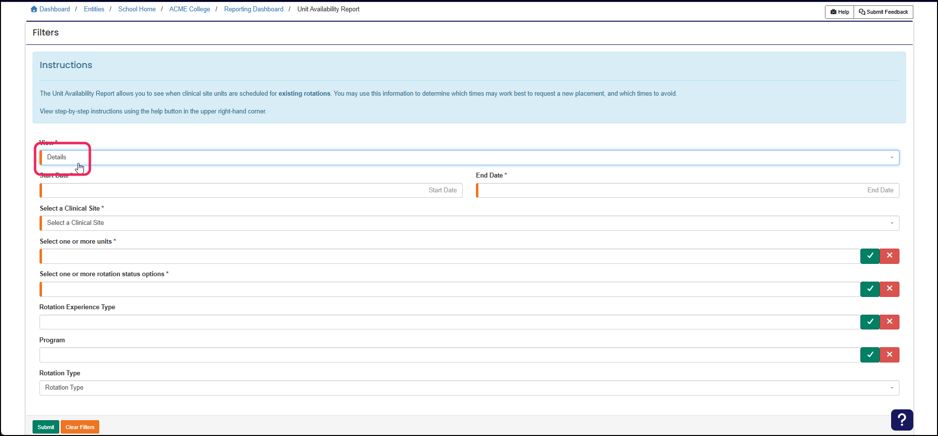 Unit Availability view options showing Detail as selected and pointing to additional fields.
