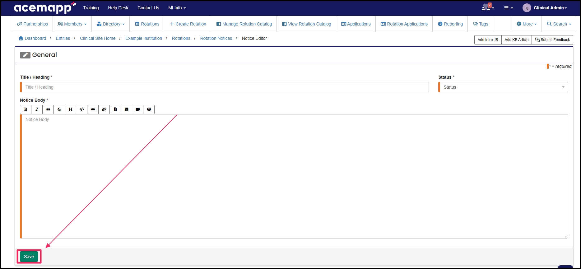 Showing title, status, and body then pointing to save when update is complete