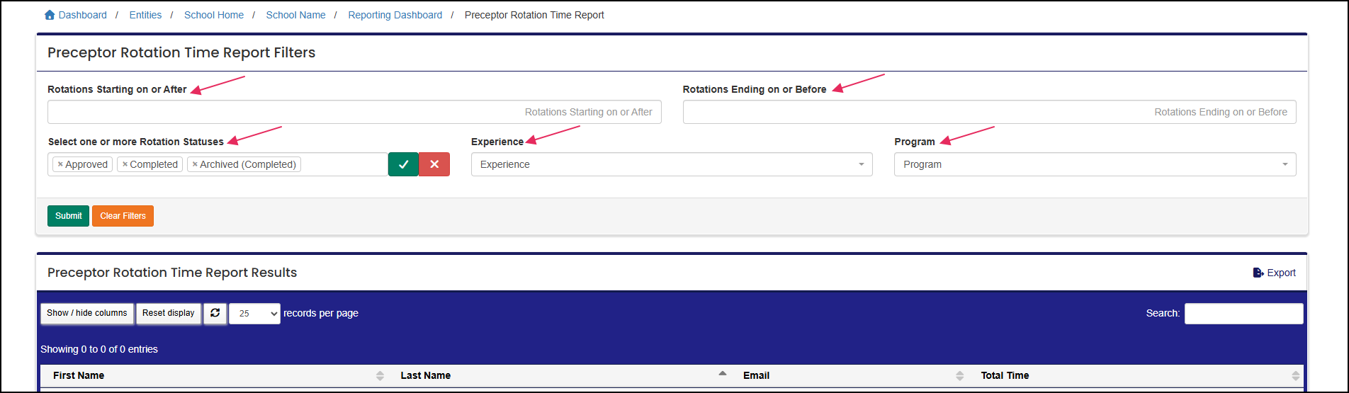 Preceptor Rotation Time report filter options example.