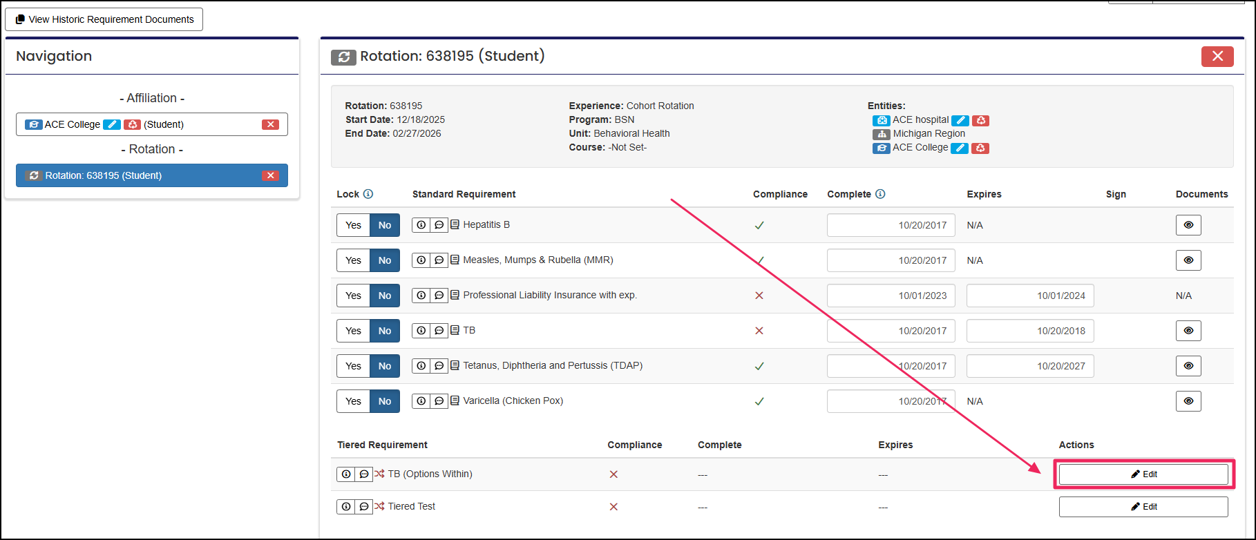 Manage Requirements page pointing to Edit button in Tiered Requirements section.