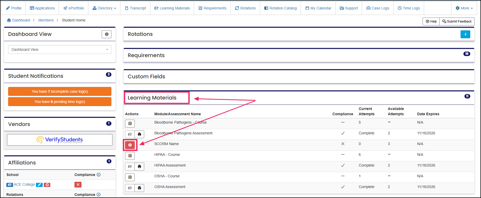 Student home page highlighting SCORM course button in Learning Materials panel.