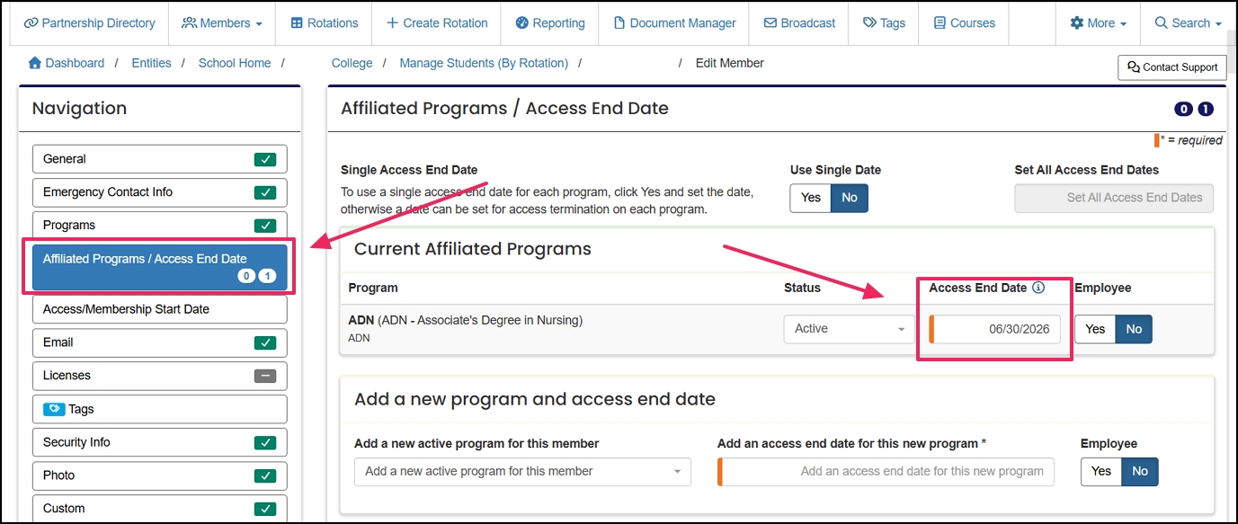 update access end date