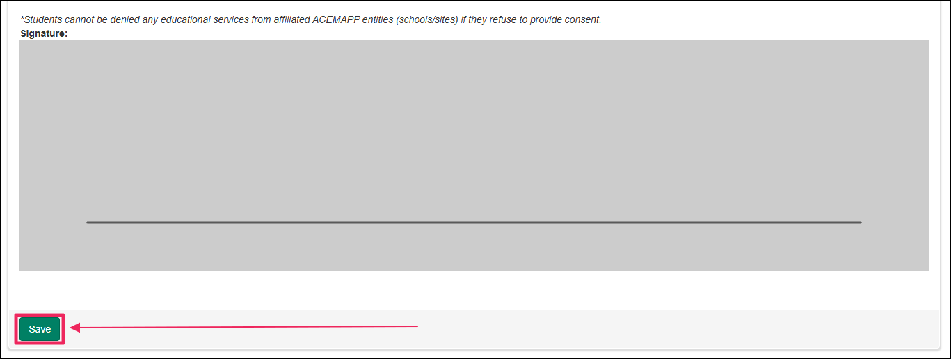 Electronic signature input highlighting Save button