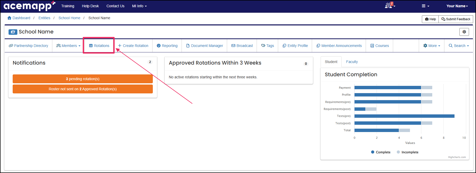 Home page highlighting Rotations button