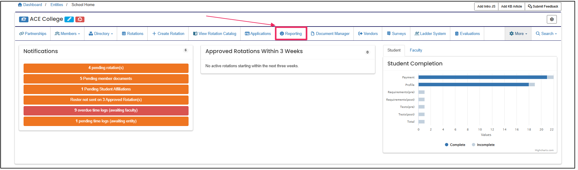 User nav bar highlighting Reporting button