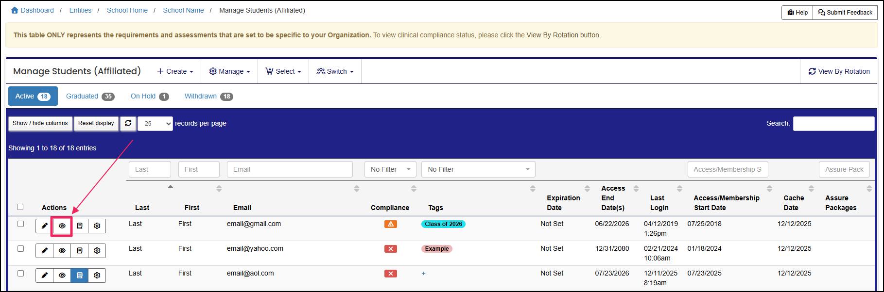 Members table highlighting view icon