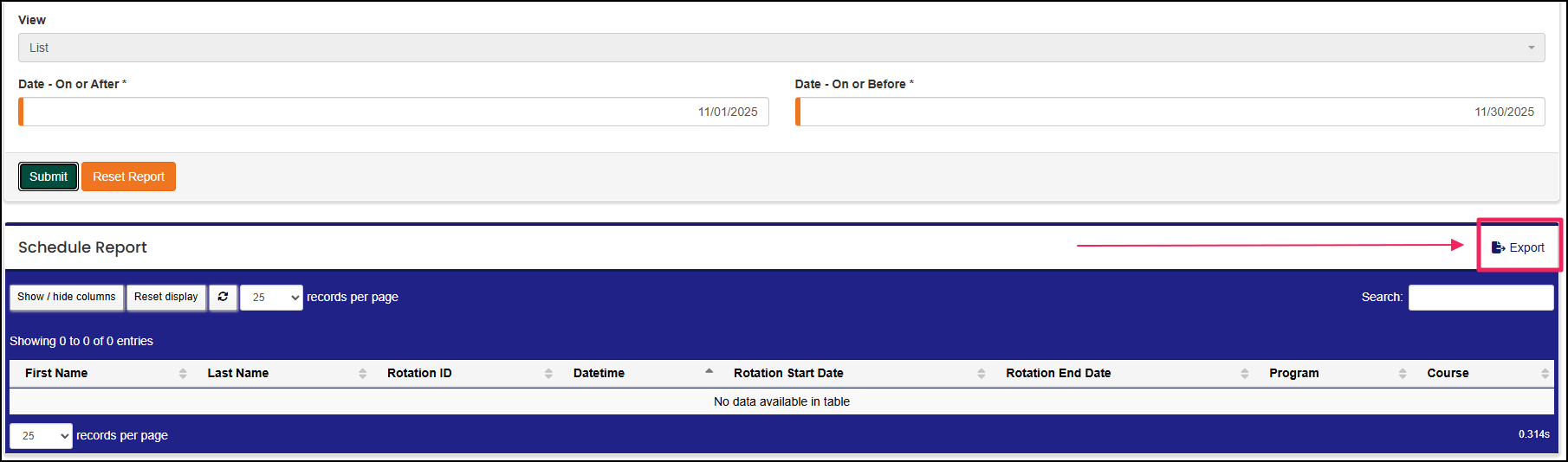 List view report highlighting Export button