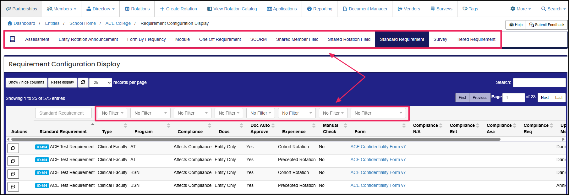 Requirement Configuration Display page highlighting requirement filters bar and table column filters.