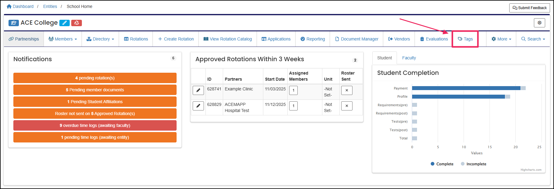School home page highlighting the tags tab.
