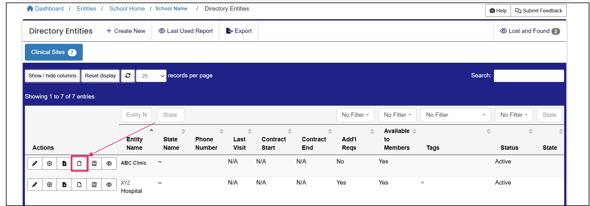 Directory Entities table highlighting Member documents button.