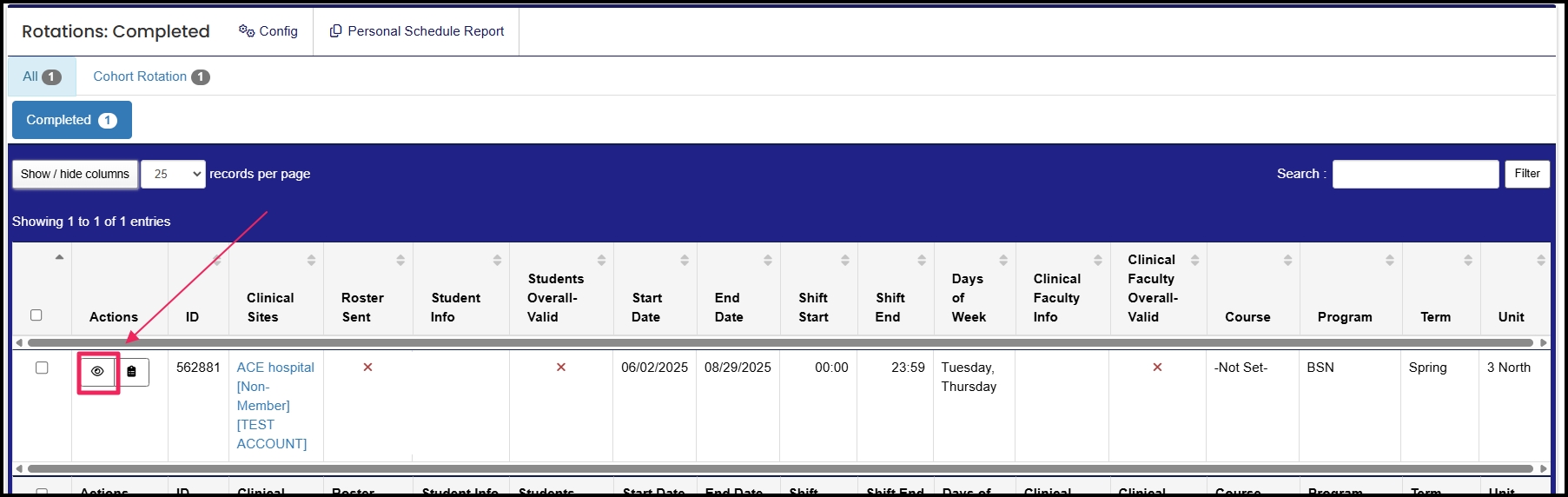 Rotation table showing the 'eye' icon on the rotation