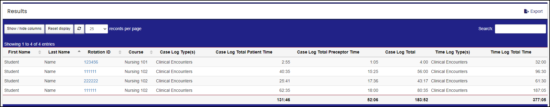 Case and time log hours results table displaying first and last name, rotation ID, course, case log types, case log total patient time, case log total preceptor time, case log total time, time log types, and time log total time.