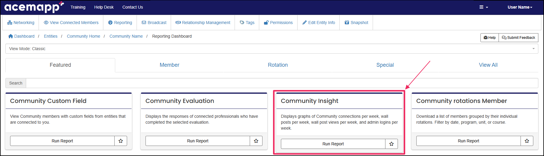 Reporting dashboard highlighting Community Insite report