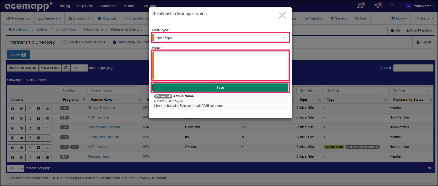 Note pop up highlighting fields and save button