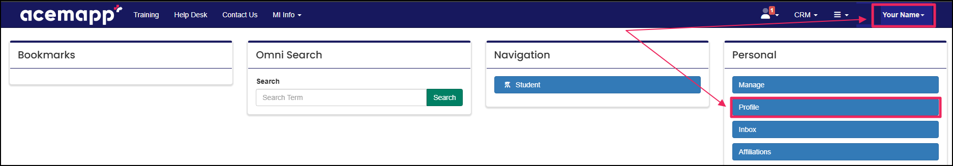 Member top nav bar highlighting Name dropdown button and Profile button
