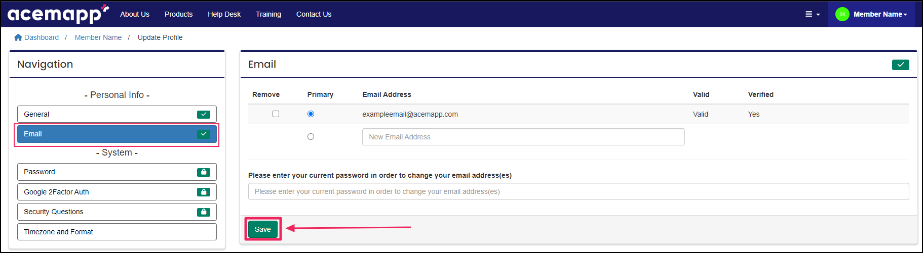 Page to update email address showing fields for email address and save button.