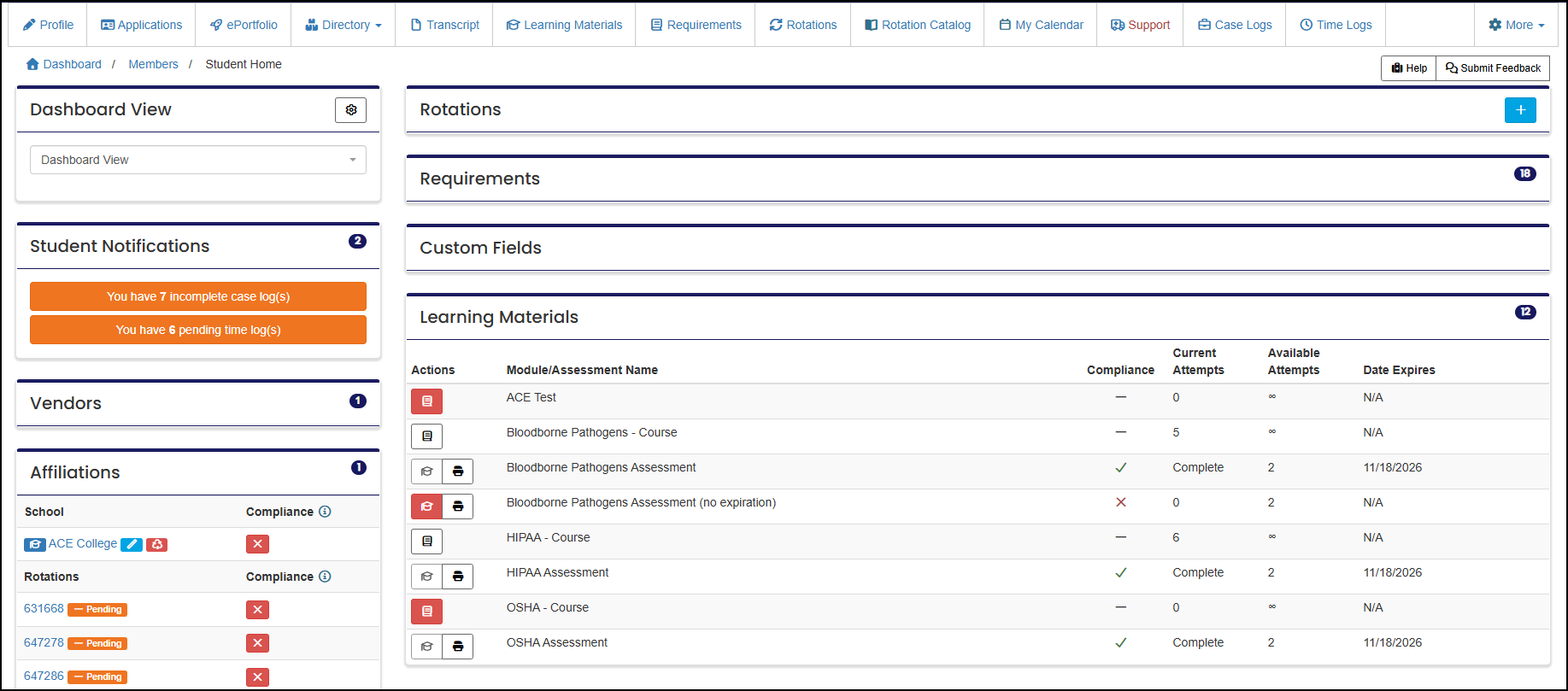 Member home page showing the learning materials panel.