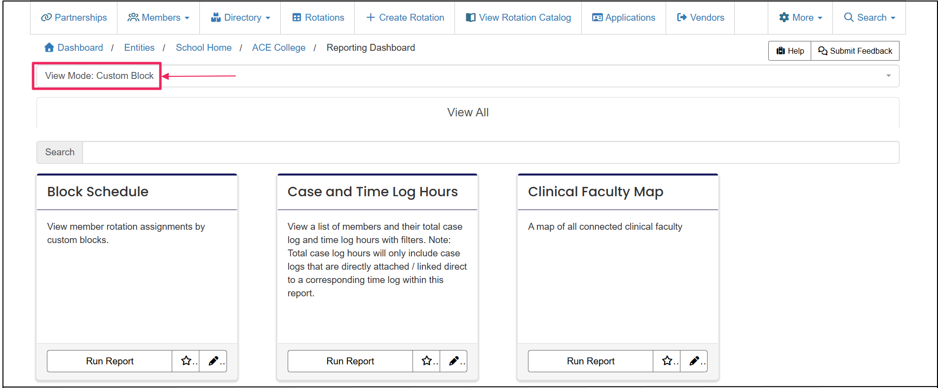 Custom block view page with arrow pointing custom block view labe