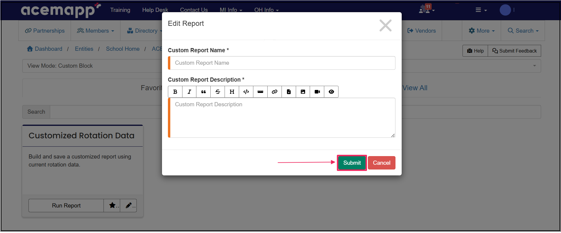 Favorited report form highlighting Submit button