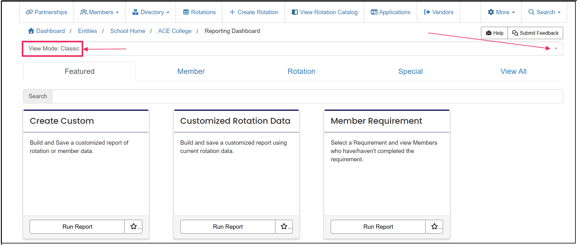 Classic view page with arrow pointing classic view label