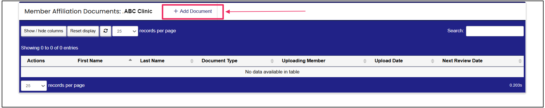 Member Documents table highlighting Add Document button