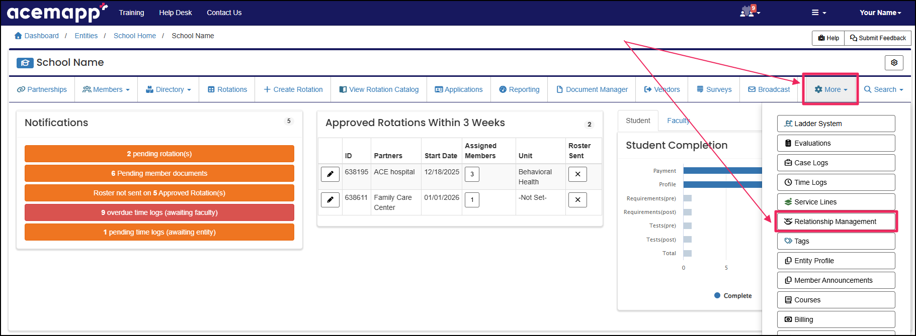 Home screen highlighting more dropdown and relationship management button