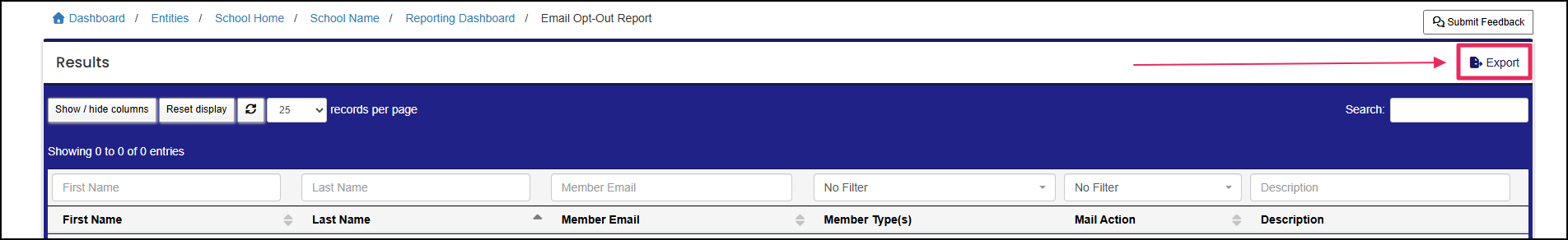 Results page highlighting Export button.