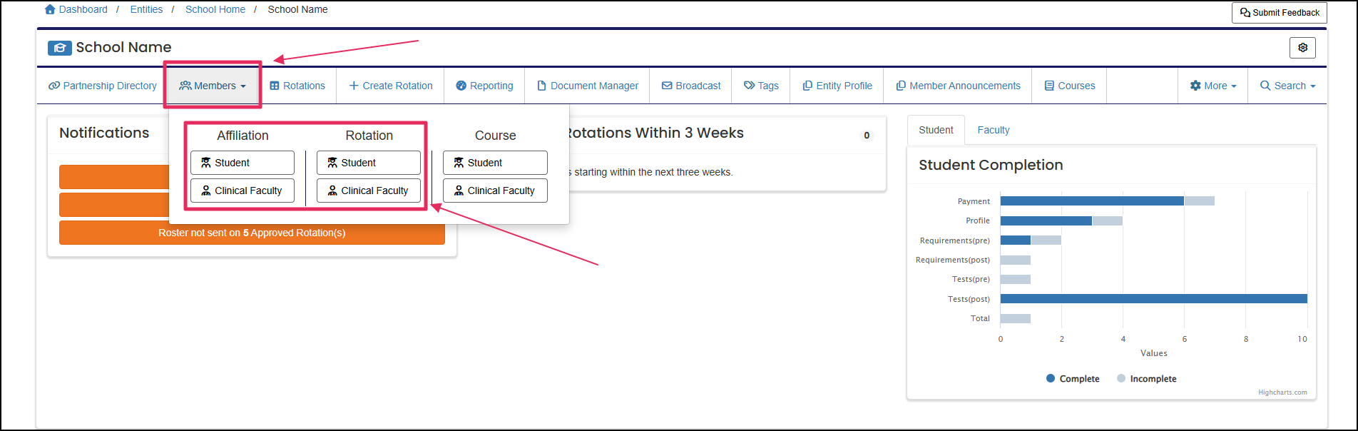 User home screen highlighting members dropdown menu selections.