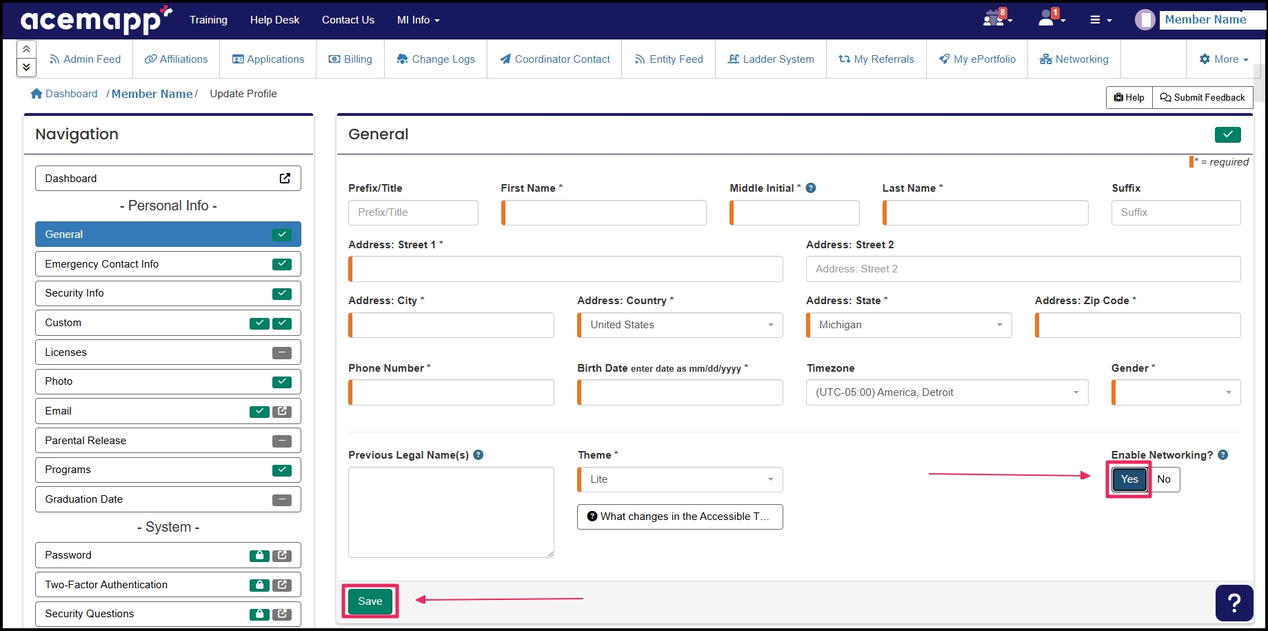 General tab of profile showing Enable Networking feature toggled to yes
