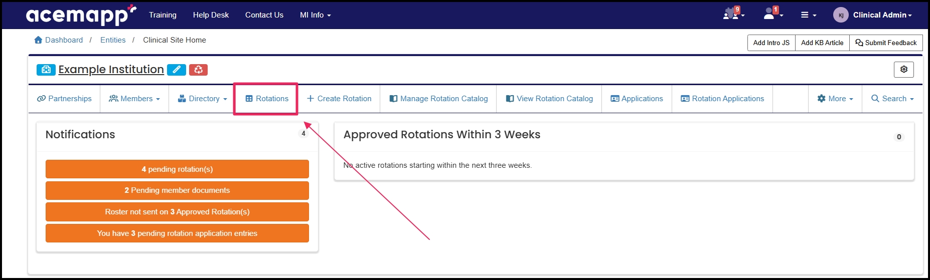 Home page pointing to the rotations tab