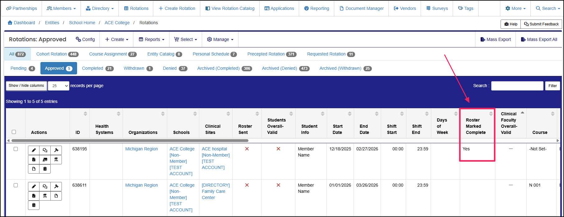 Roster Marked Complete Column in the Rotation table