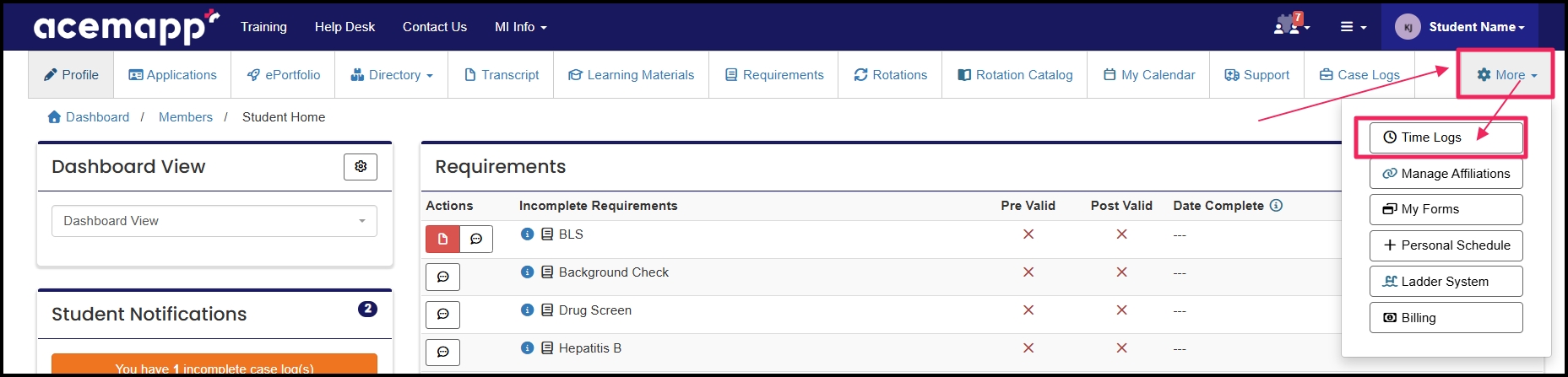 Home page droping down the more tab for time log