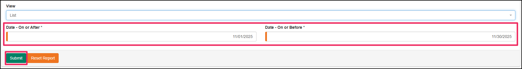 List View form highlighting Date Range fields