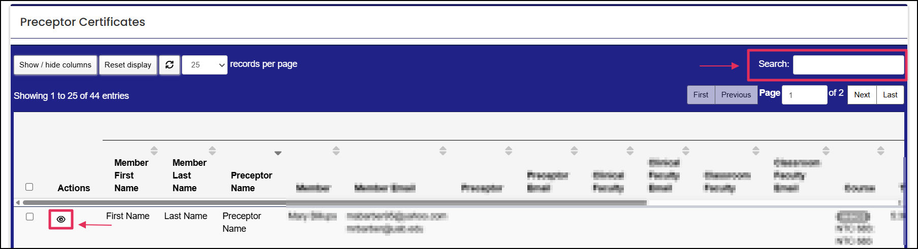 Member certificates showing the Search Box and View icon.