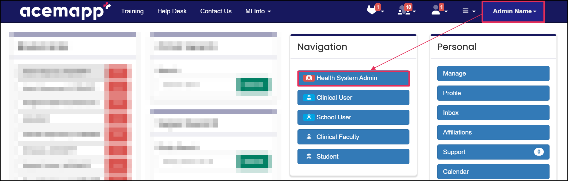 Name drop-down menu highlighting health system admin access.