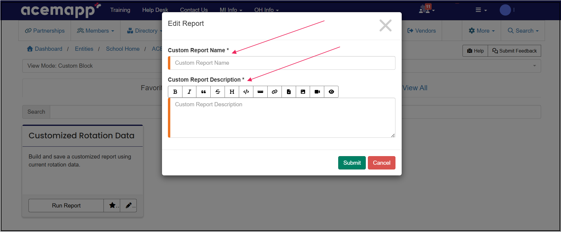 Favorited report form highlighting Custom Report Name and Description field