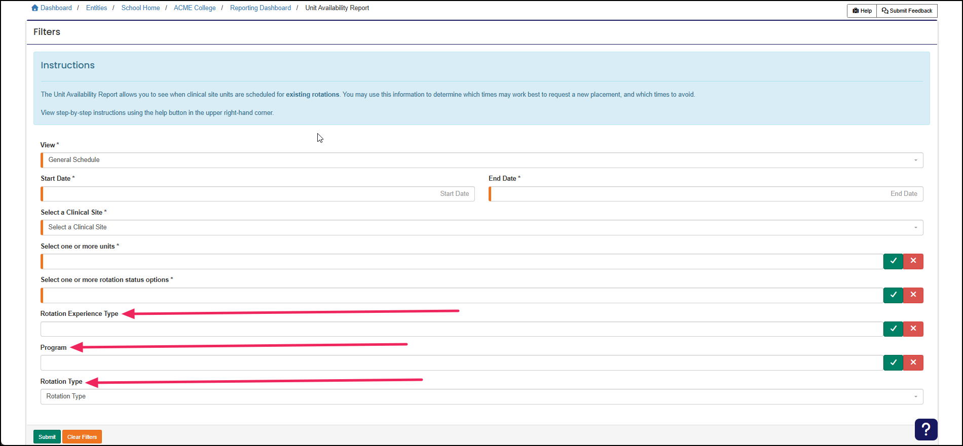 Report filters highlighting Rotation Experience Type, Program, and Rotation Type fields.