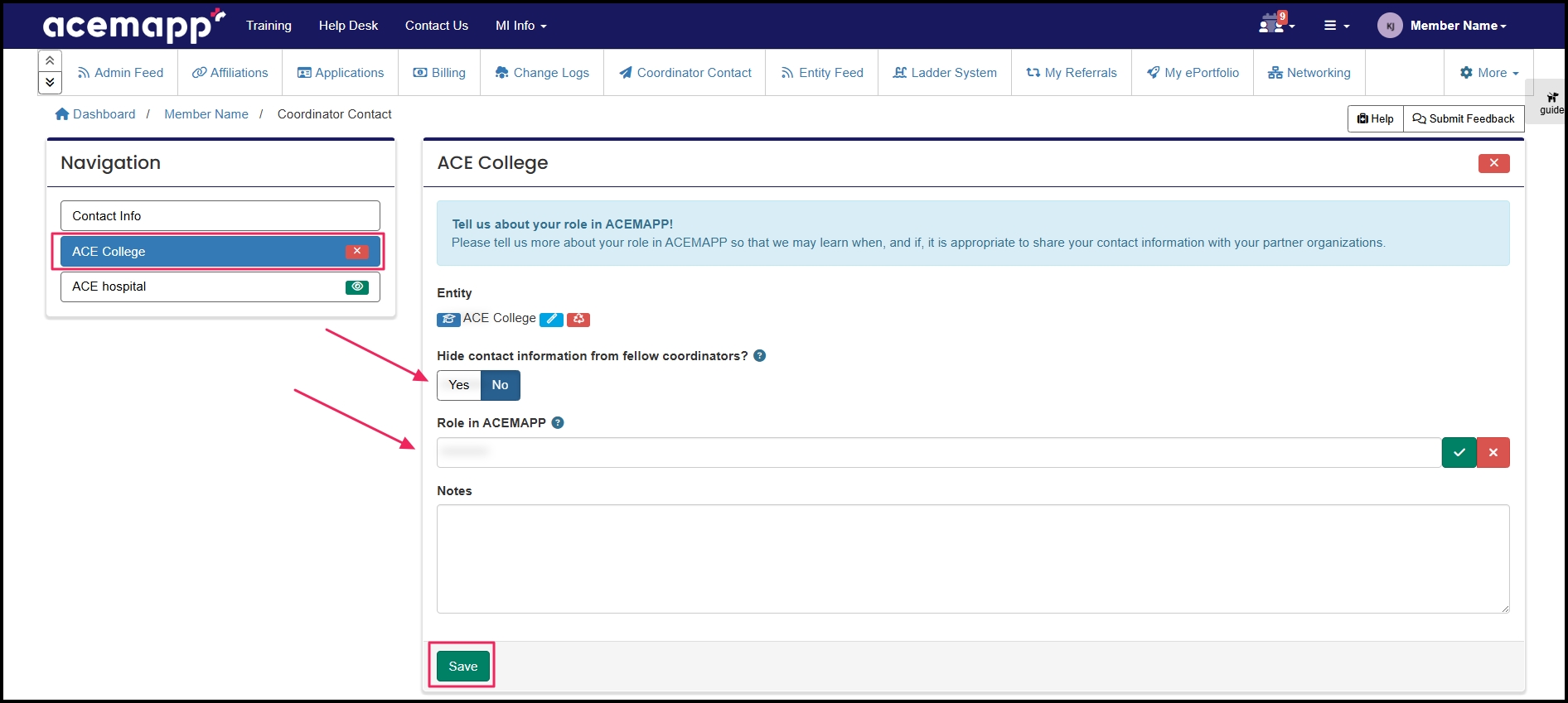 Organization Tab in Coordinator Contact pointing to hide contact info selection and role in ACEMAPP