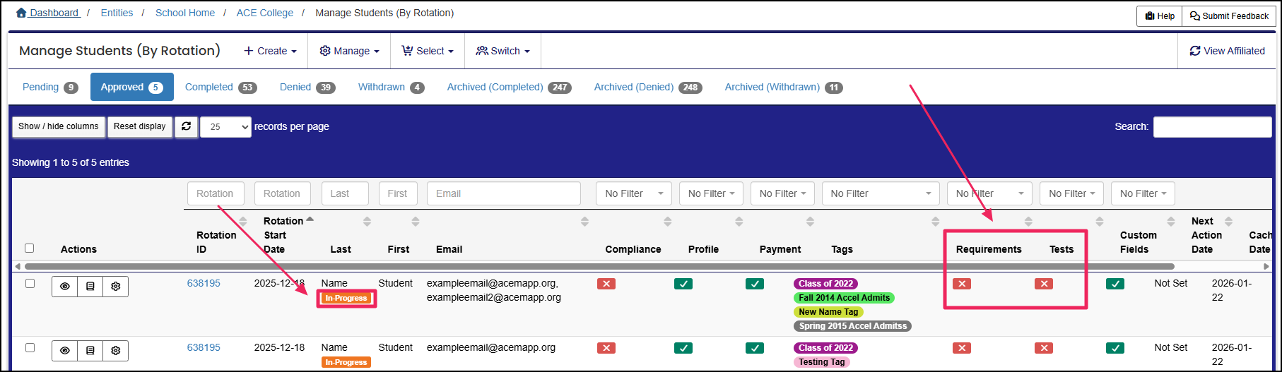 Manage student table highlighting In-progress icon and requirements and test compliance indicators