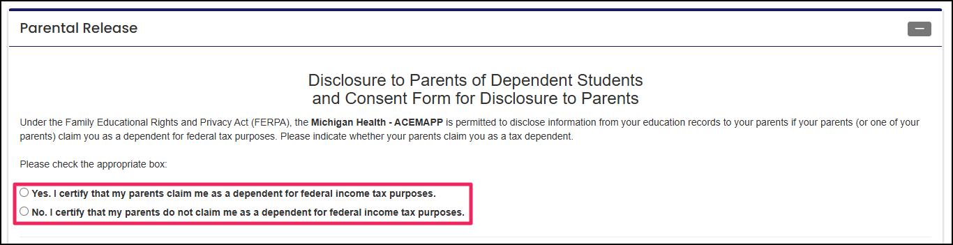 Form highlighting Yes or No options for if parents can claim on taxes
