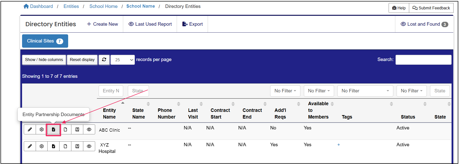 Directory Entities table highlighting partnership Documents button