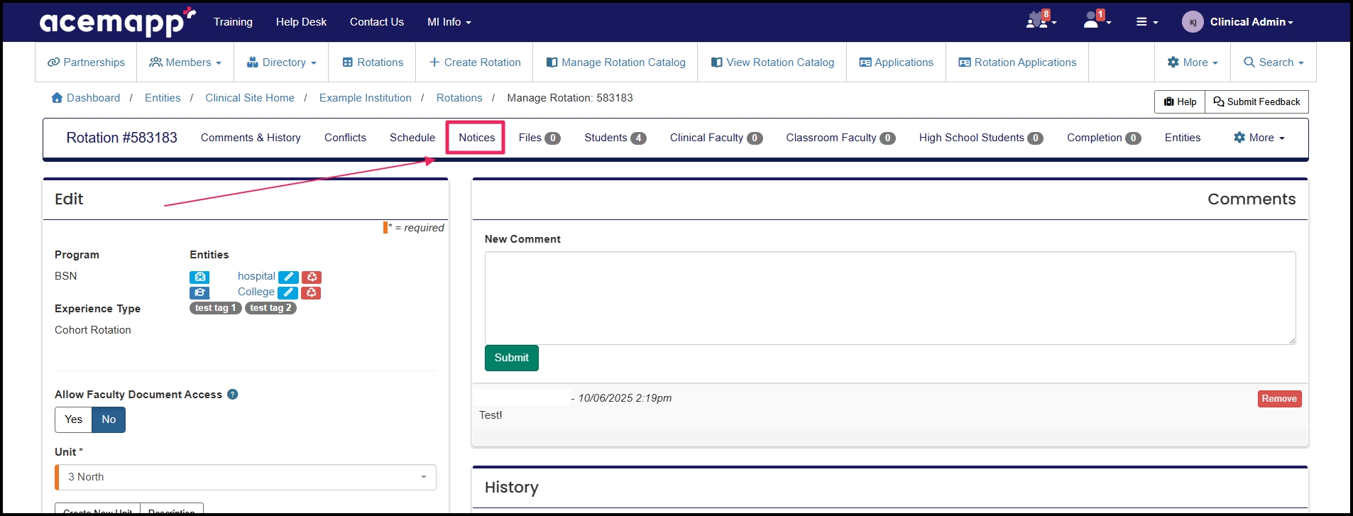 Pointing to notices tab inside the rotation