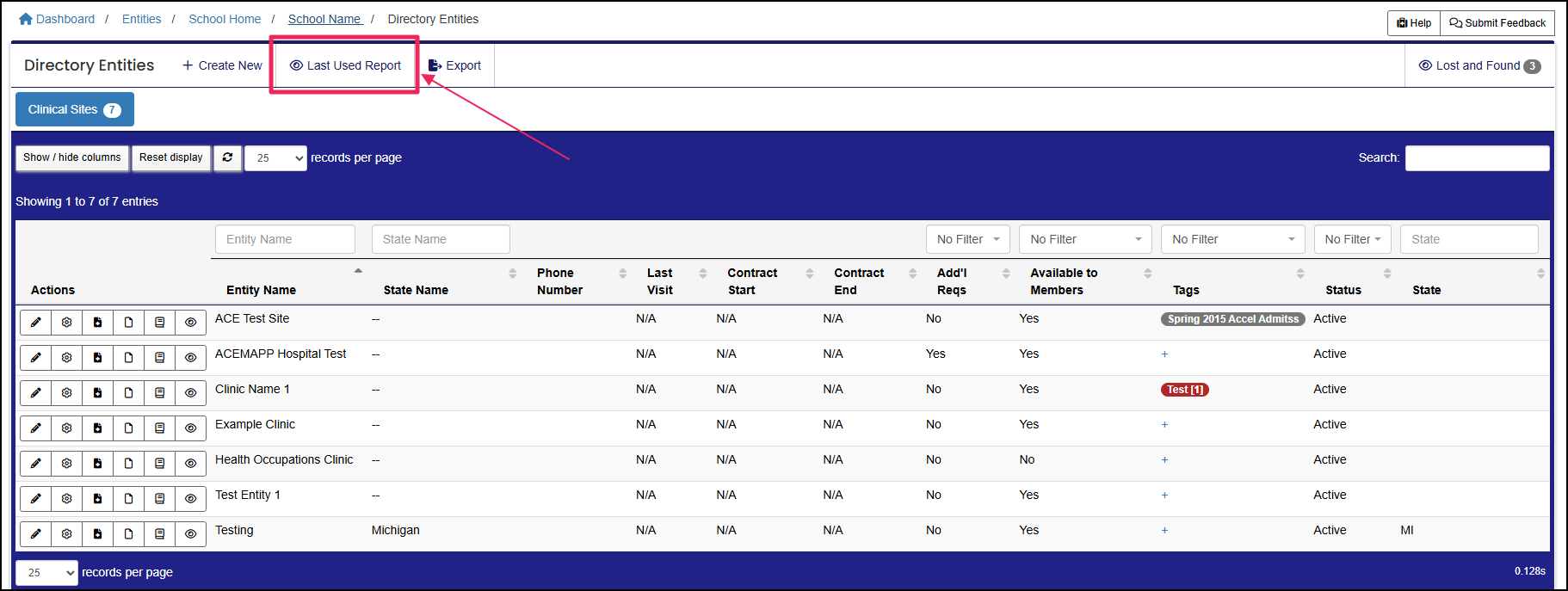 Directory Entities table highlighting Last Used Report button