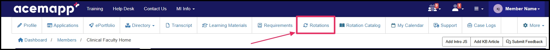 Home page indicating to select the rotations tab to get to rotation tables