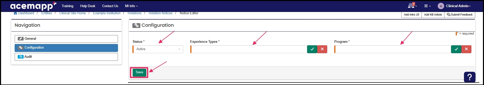 Showing status, types, programs then pointing to save when update is complete